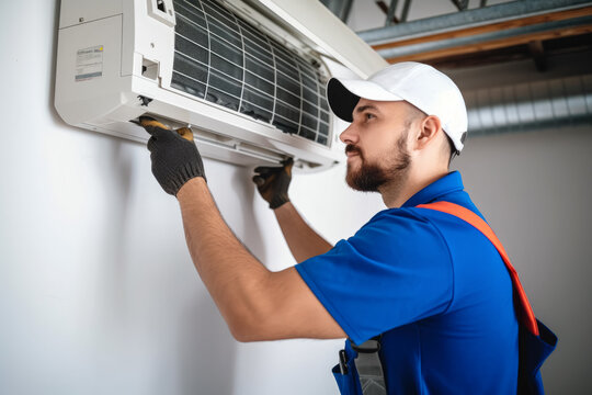 HVAC technician installing a mini split air conditioner in Arcadia