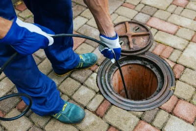 Plumber cleaning an outdoor sewer drain in Arcadia