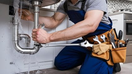 Plumber repairing pipes beneath a sink in Arcadia